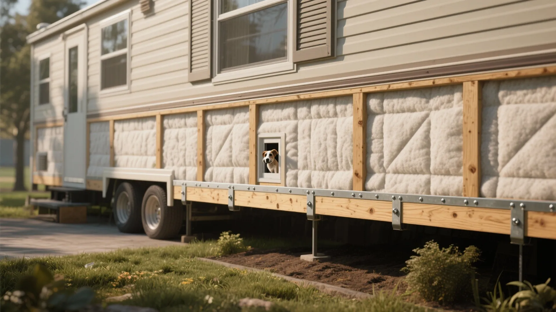 Mobile home base with wood frame and white insulation panels showing a small dog peeking