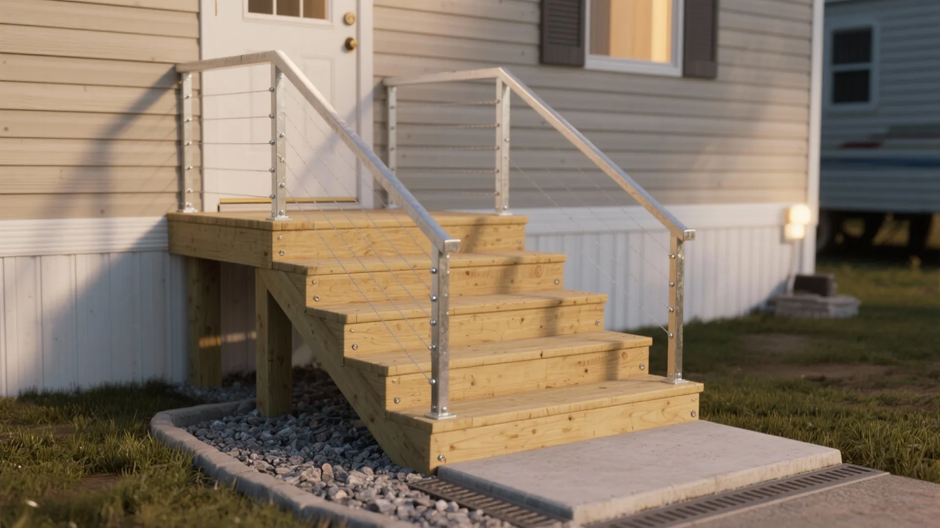 Wooden outdoor steps with silver metal handrails leading to the white door of a home