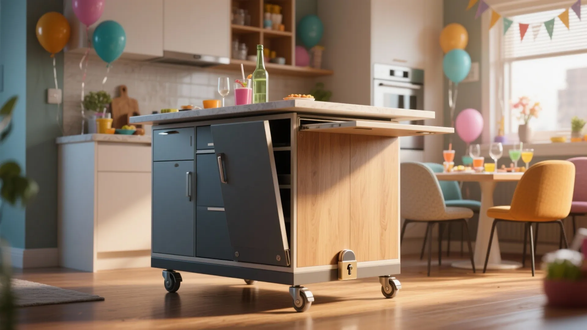 Mobile kitchen island on lockable casters with a fold-out leaf and sliding cabinets, shown in a small kitchen during a party setup.