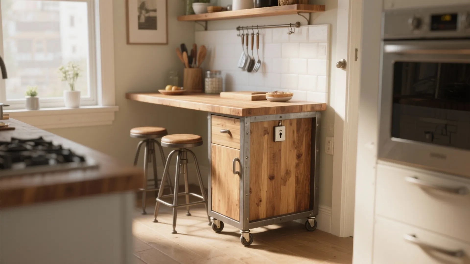 Small kitchen with wooden island on wheels two metal stools window and warm natural light