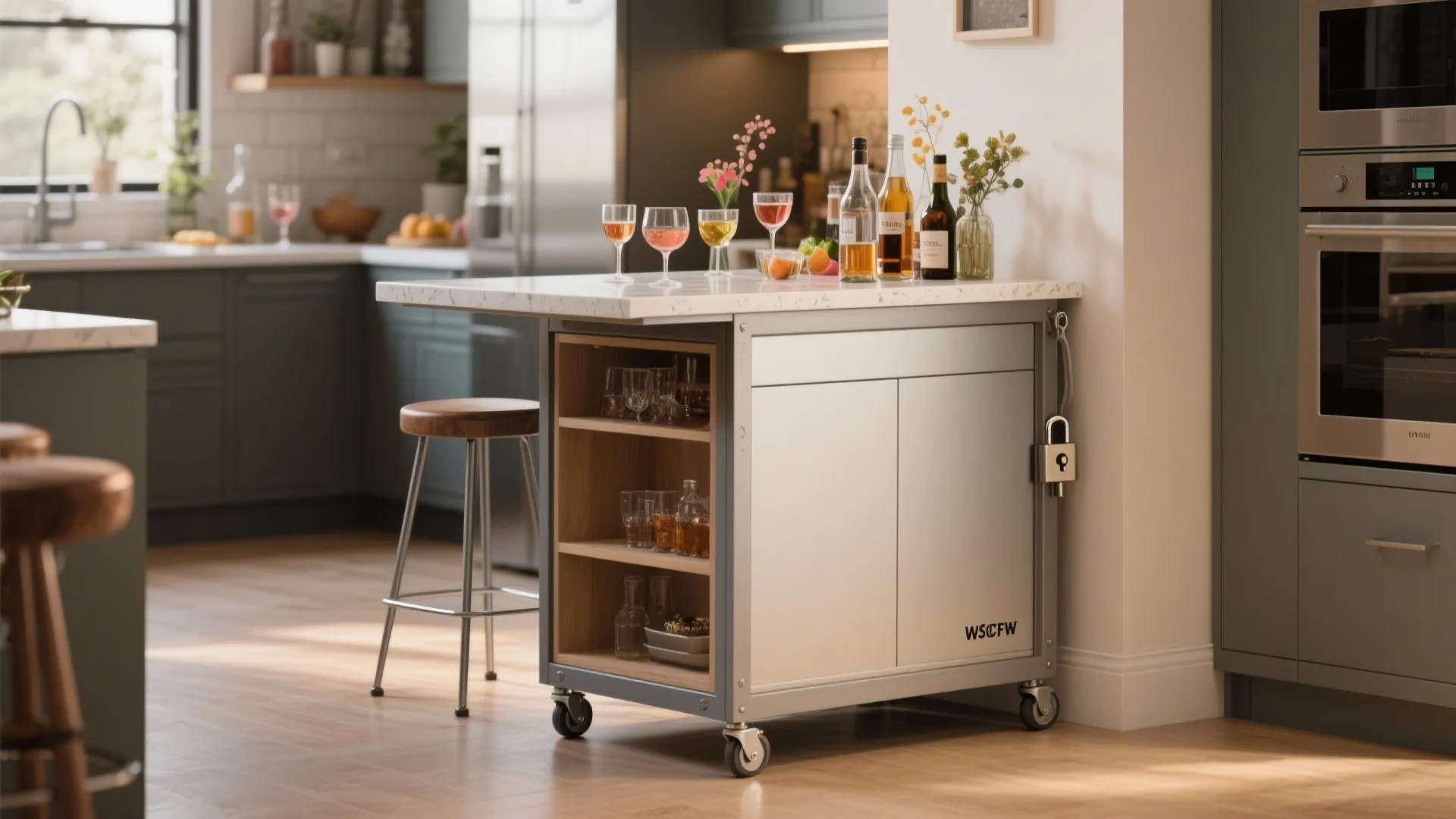 Small mobile kitchen island on wheels with marble top storage shelves drinks and wooden bar stool