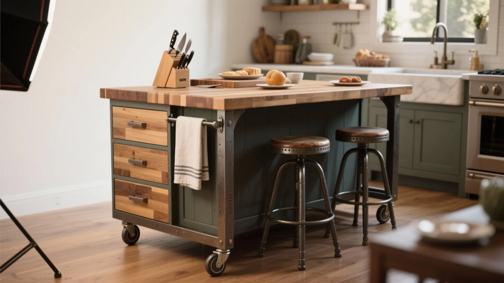 Mobile kitchen island with wood top metal frame storage drawers bar stools and rolling wheels