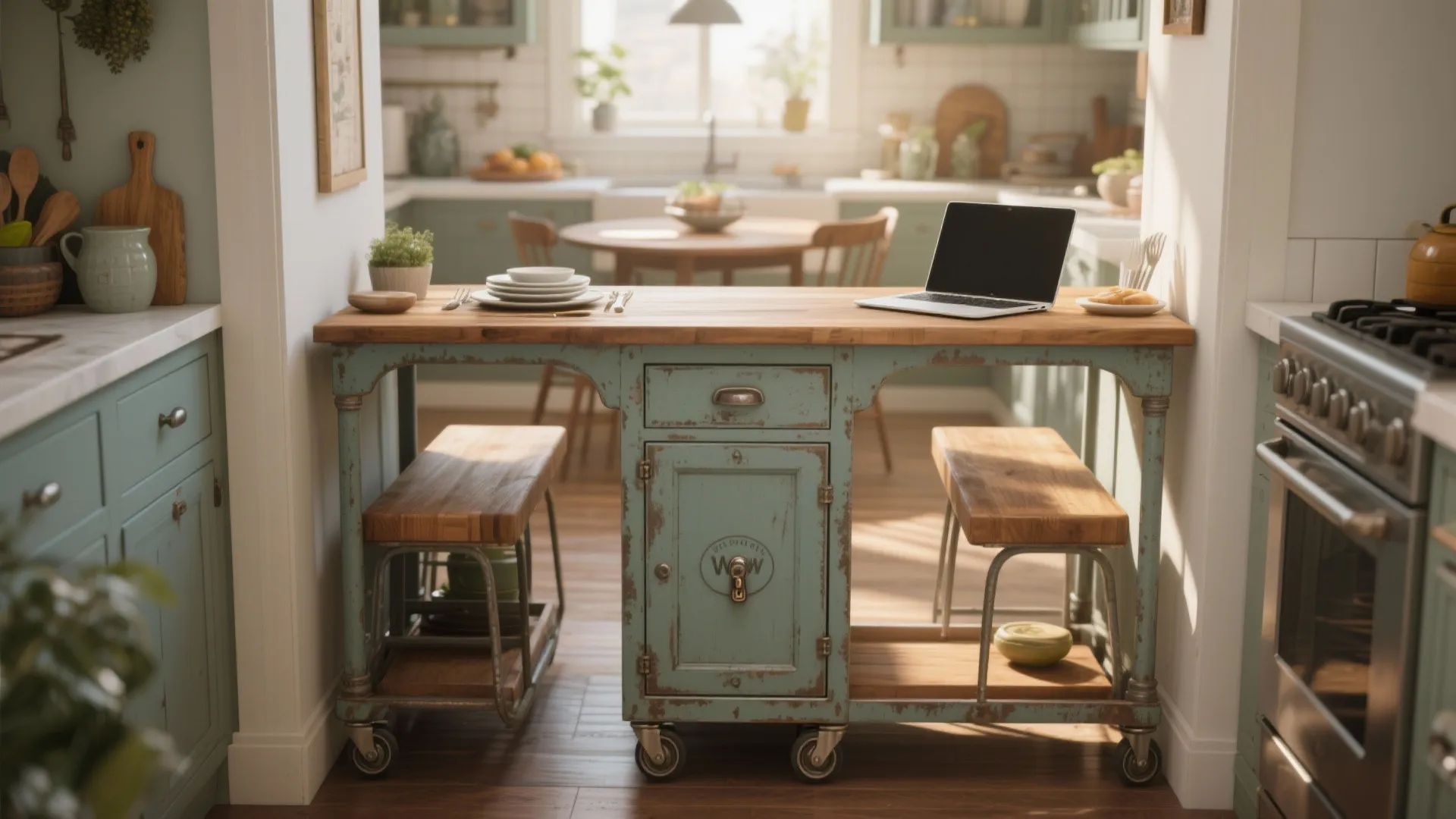 Narrow mobile island trolley used for dining, prep, and as a mobile desk with locking wheels.