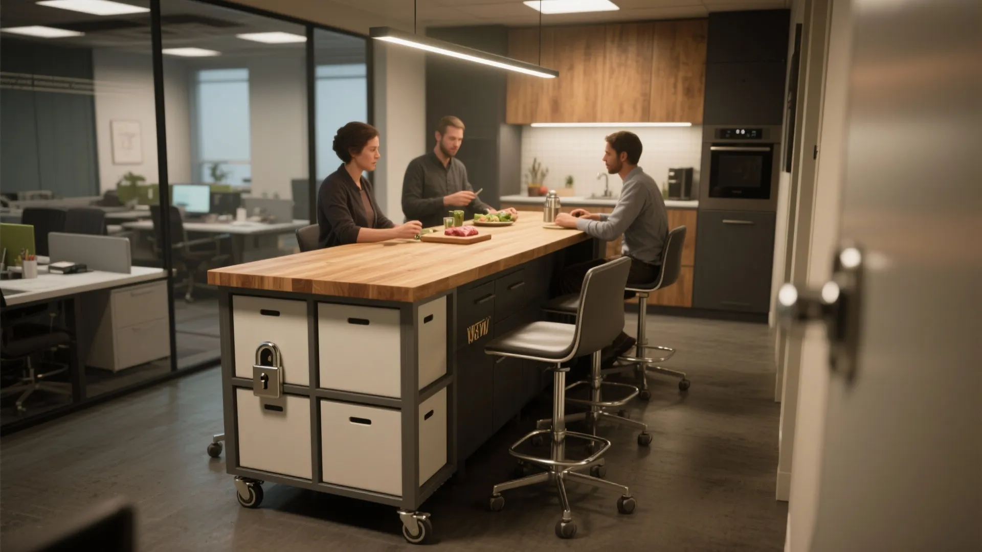 Modern office kitchen area with people sitting at a wooden island table and black stools