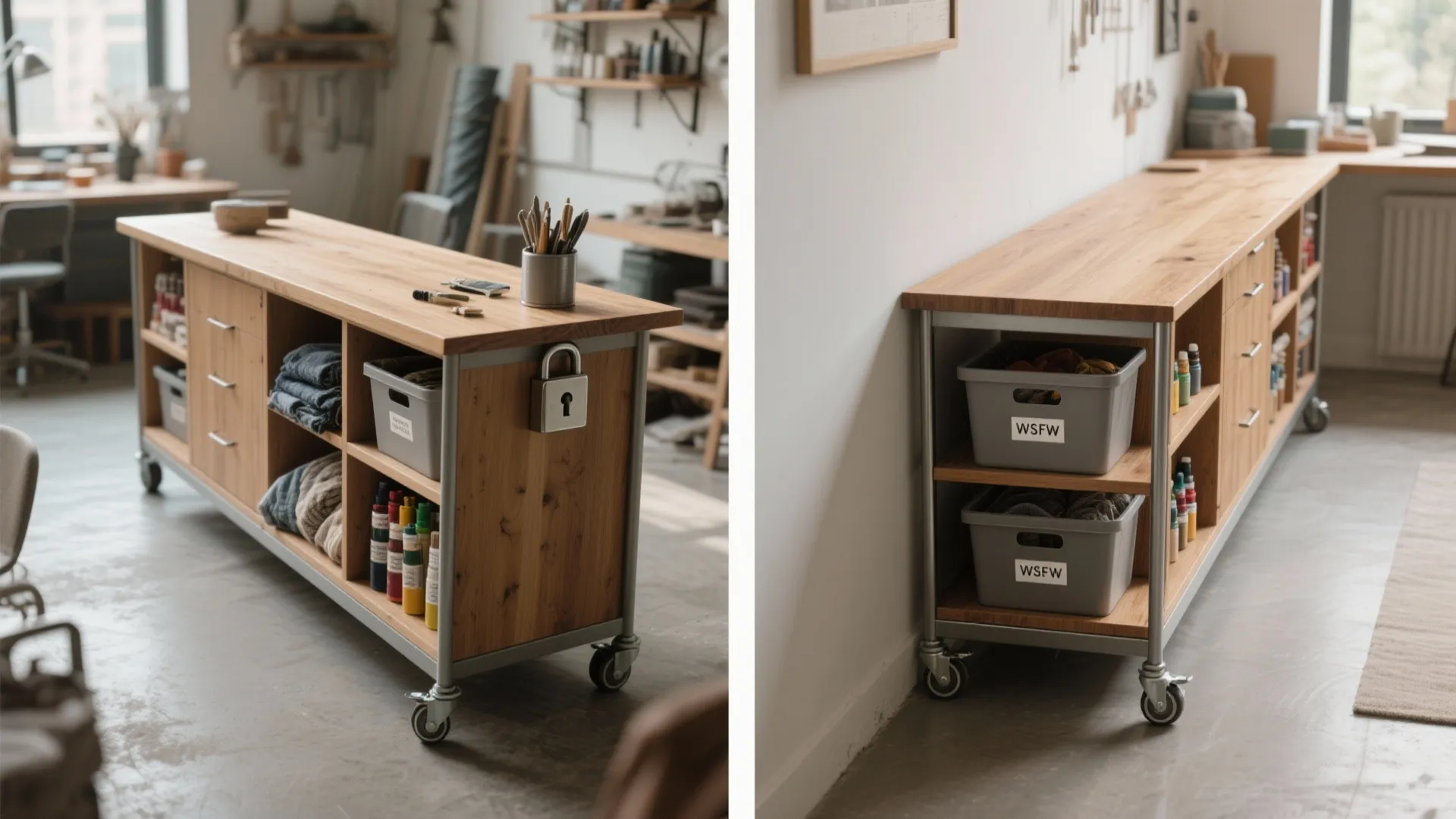 Mobile wooden kitchen island with storage shelves drawers and metal wheels on a grey floor