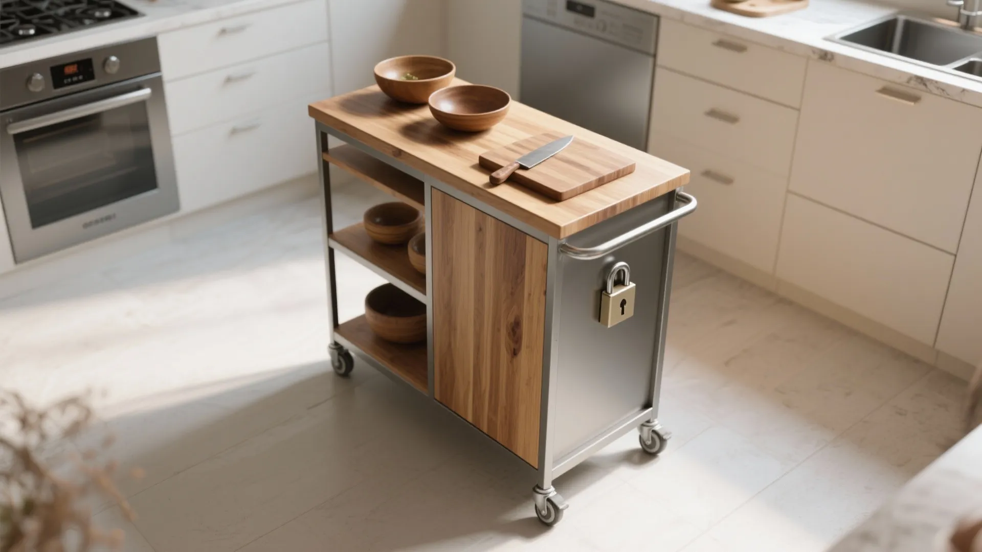 Mobile wooden kitchen island featuring wheels, bowls, cutting board, knife, and lock in white kitchen