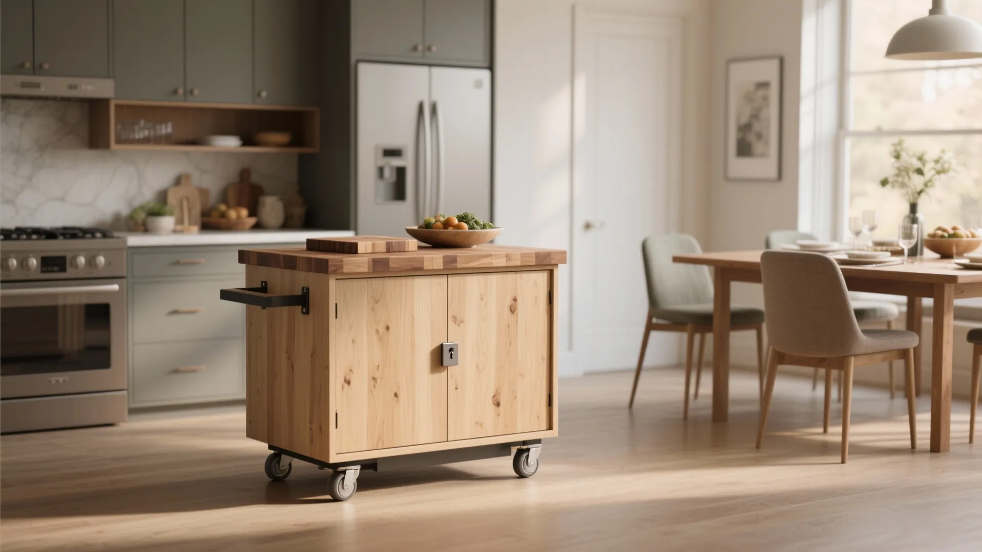 Wooden kitchen cart on wheels with a butcher block top in a modern kitchen setting