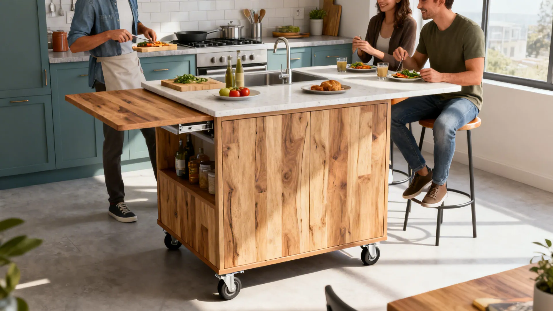Compact mobile island with an overhang for seating and locked casters in a small kitchen.