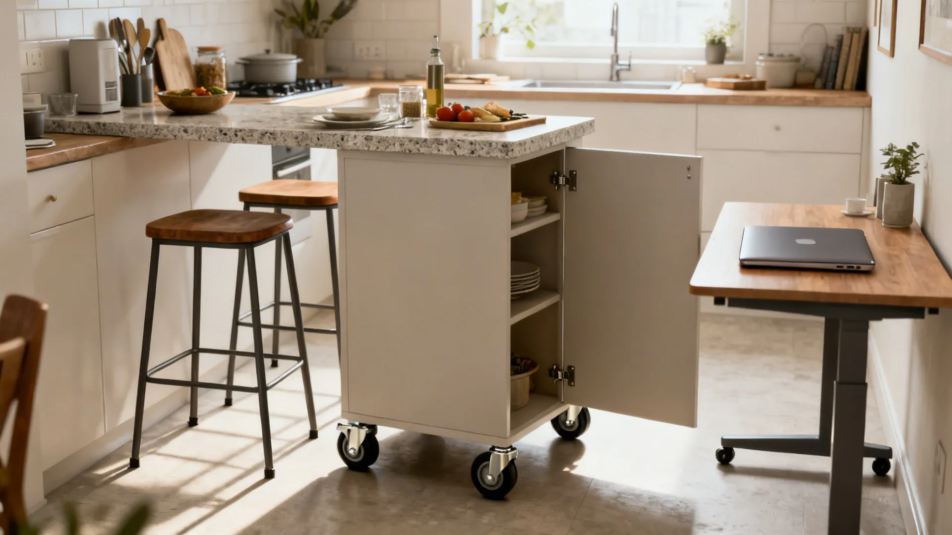 Small wheeled island used as prep surface, casual dining, and mobile desk with lockable casters.