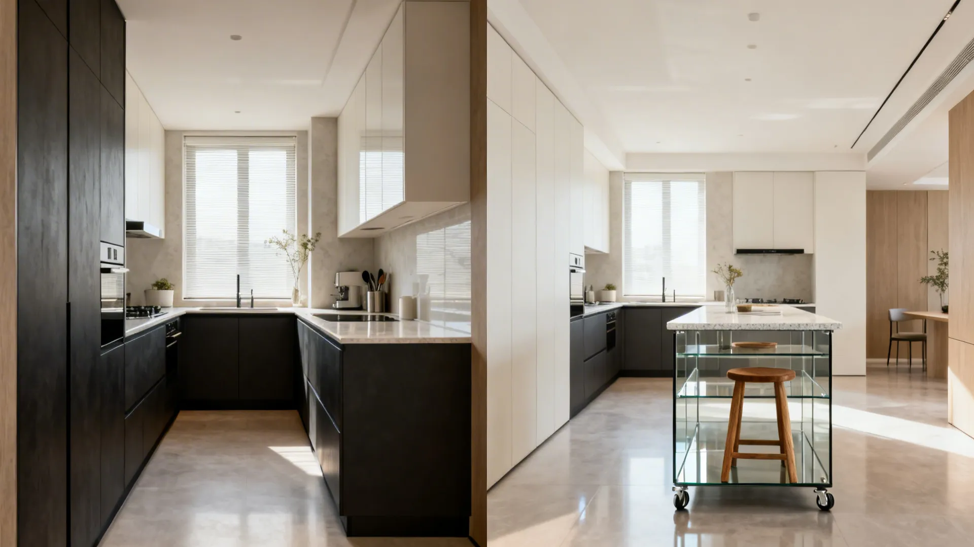 Before-and-after of a compact L-shaped kitchen adding a slim mobile island with open base.