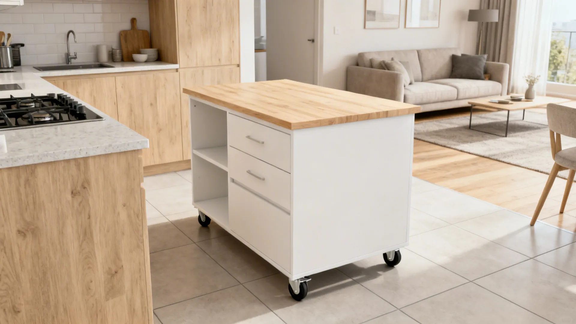 Compact Bangalore kitchen with a wheeled mobile island featuring storage and a light top.