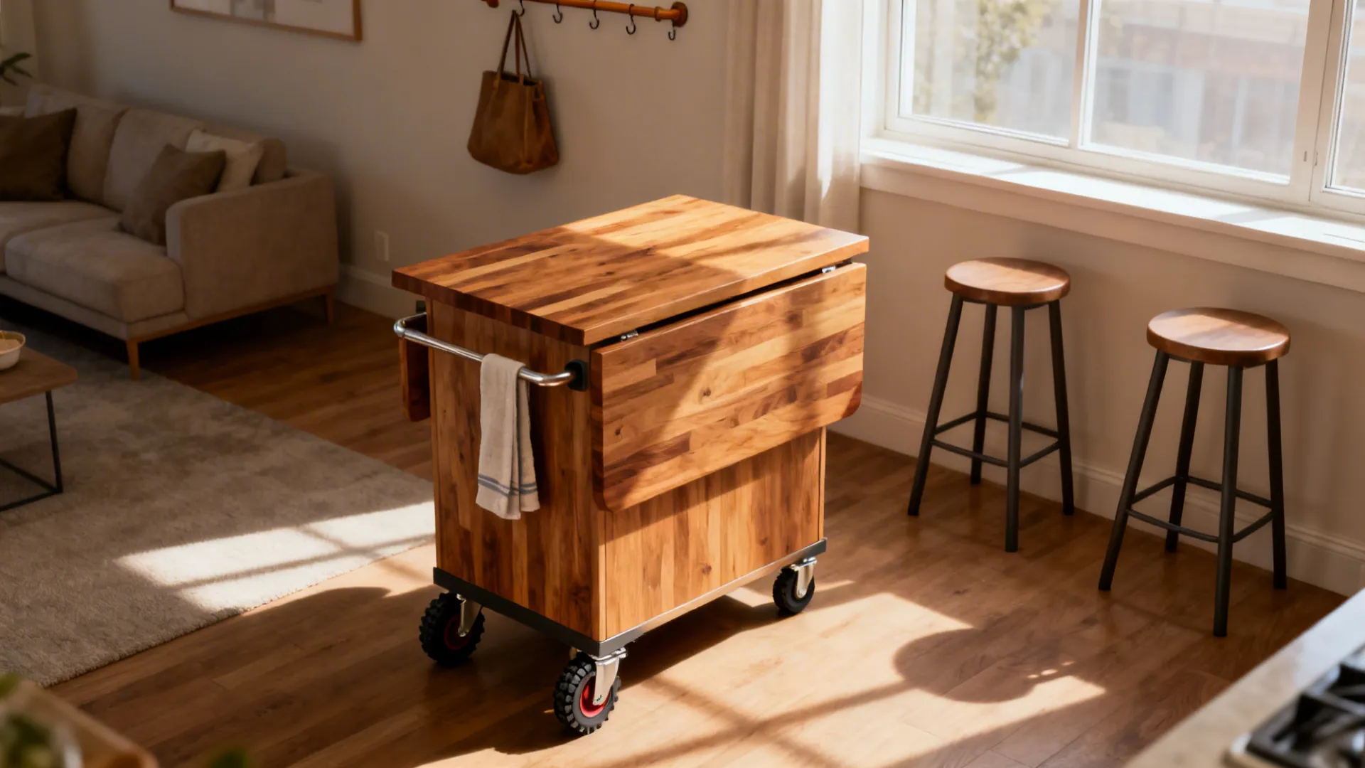 Open studio with a butcher-block island on locking casters serving as a breakfast counter.