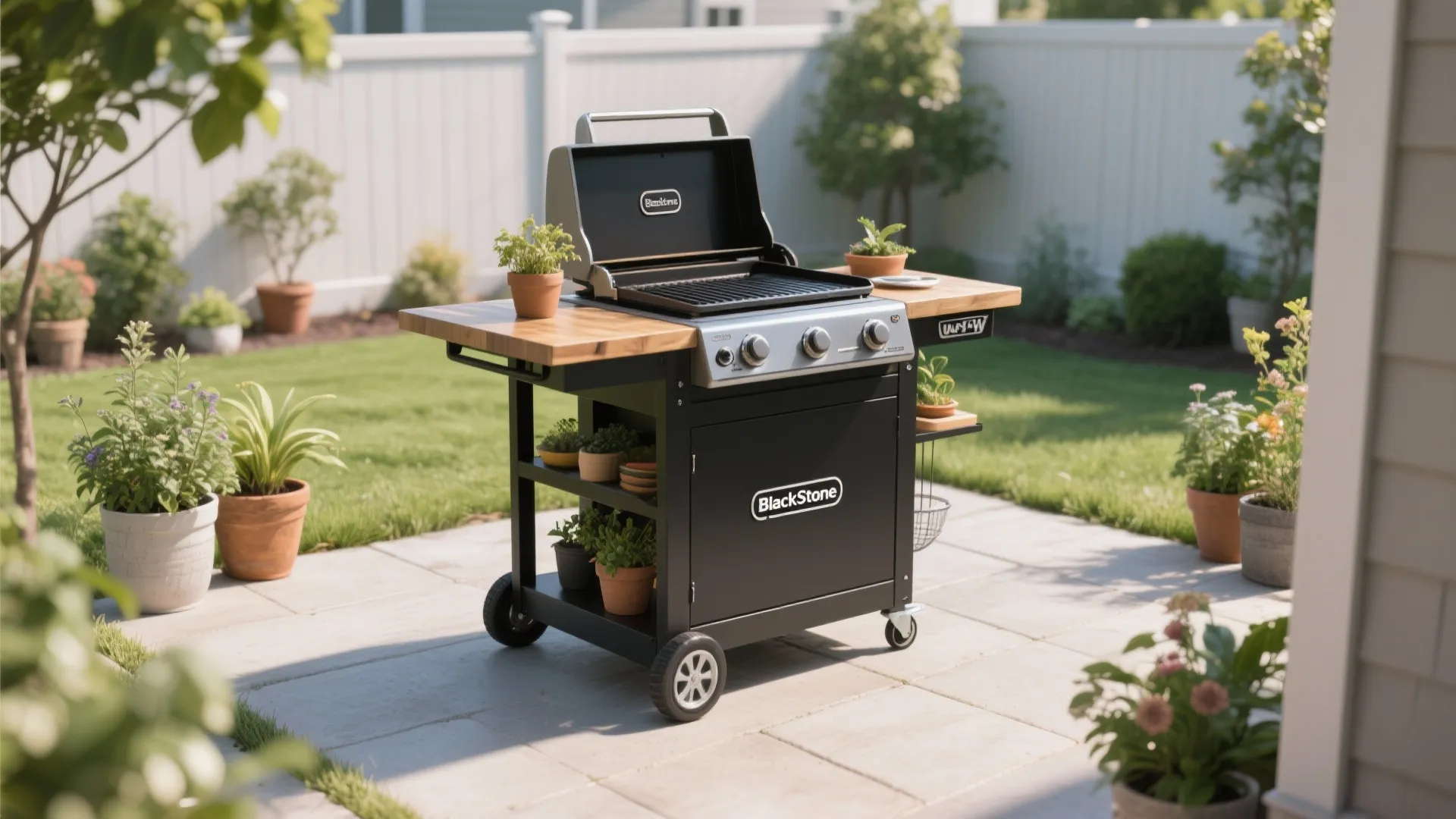 Black outdoor cooking cart with wood top and gas grill on a stone tiled patio