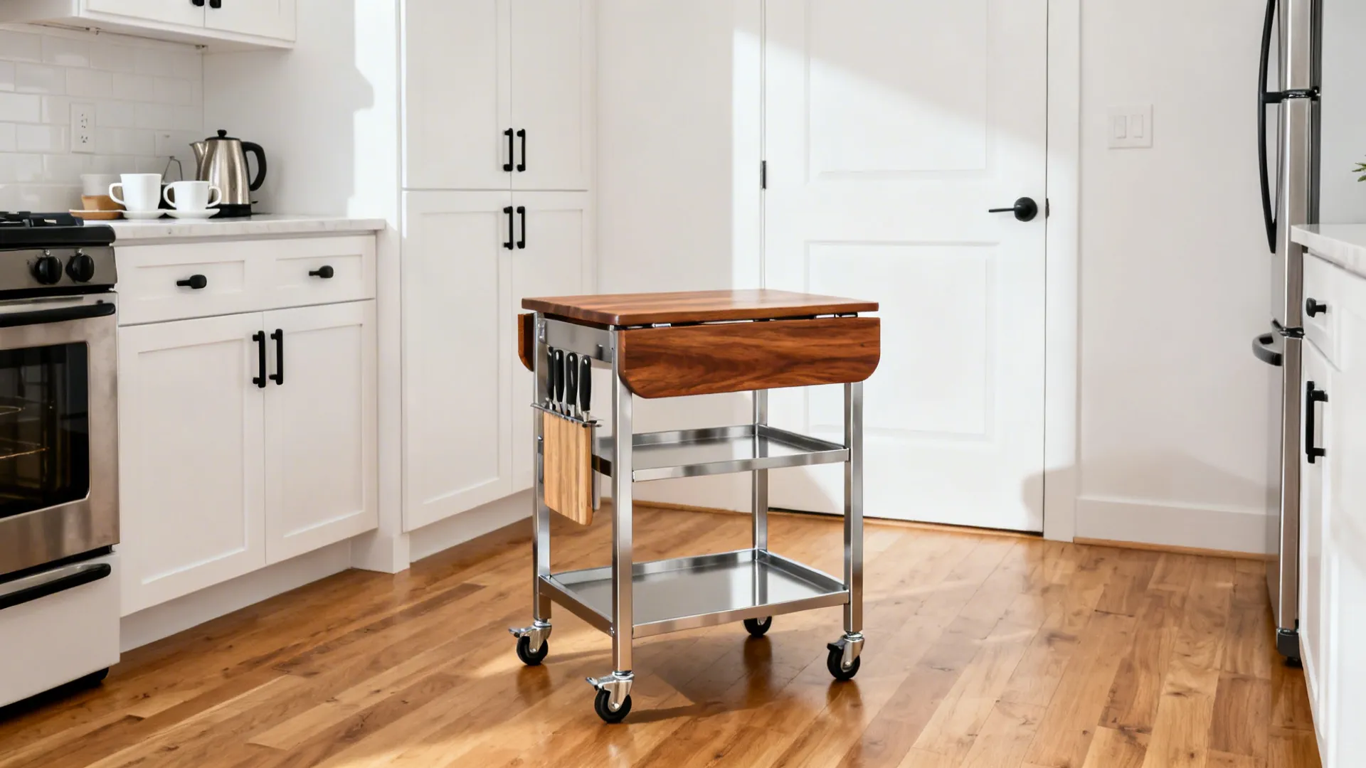 Small kitchen with a wheeled island cart with drop-leaf and lockable casters.
