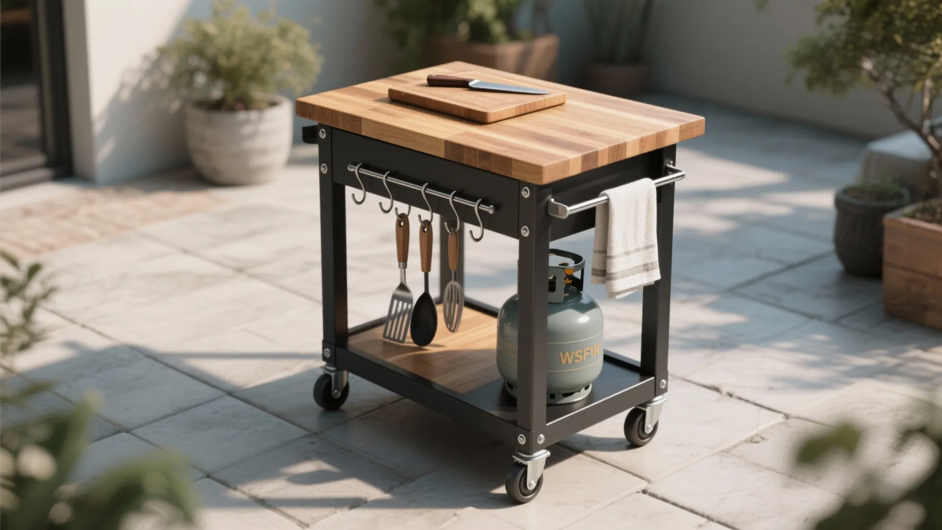 Mobile kitchen cart on wheels with wood top black frame hanging utensils and a gas tank