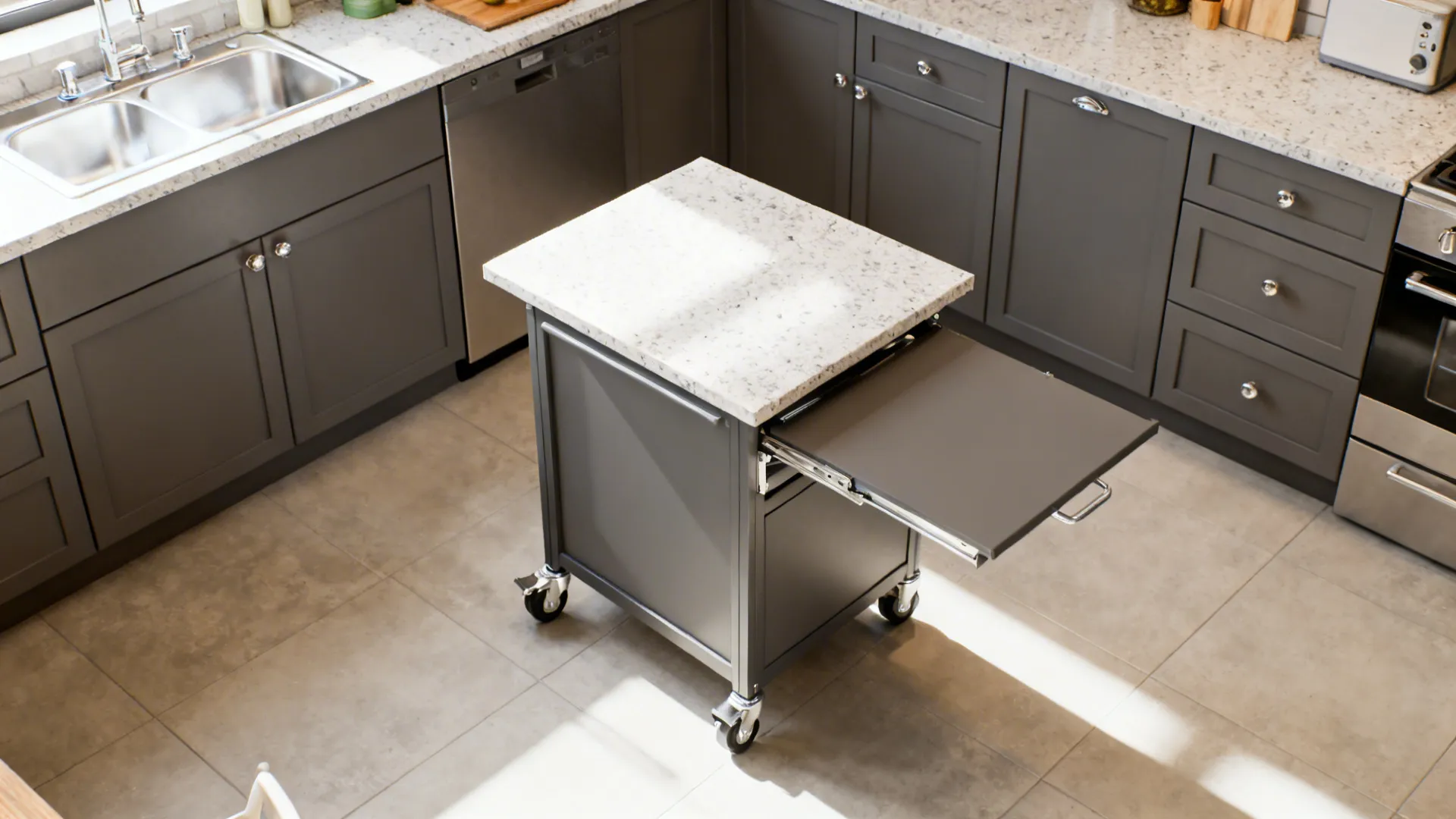 Top-down view of a mobile kitchen island on locking casters with fold-down leaf in a galley kitchen.