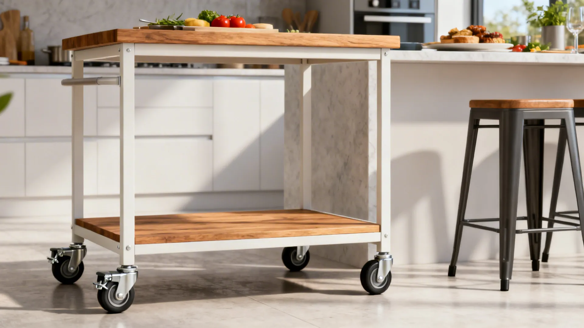 Compact kitchen with a mobile island on locking casters and a solid wood countertop.