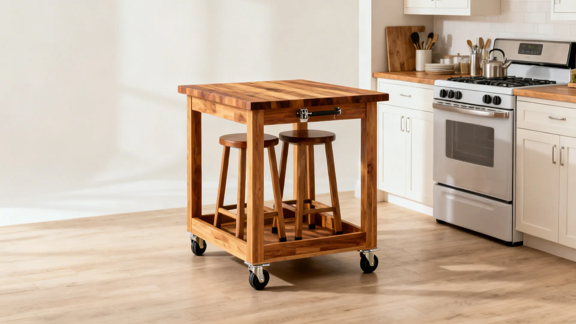 Compact mobile island cart with butcher-block top and stools serving as a dining hub in a studio kitchen.