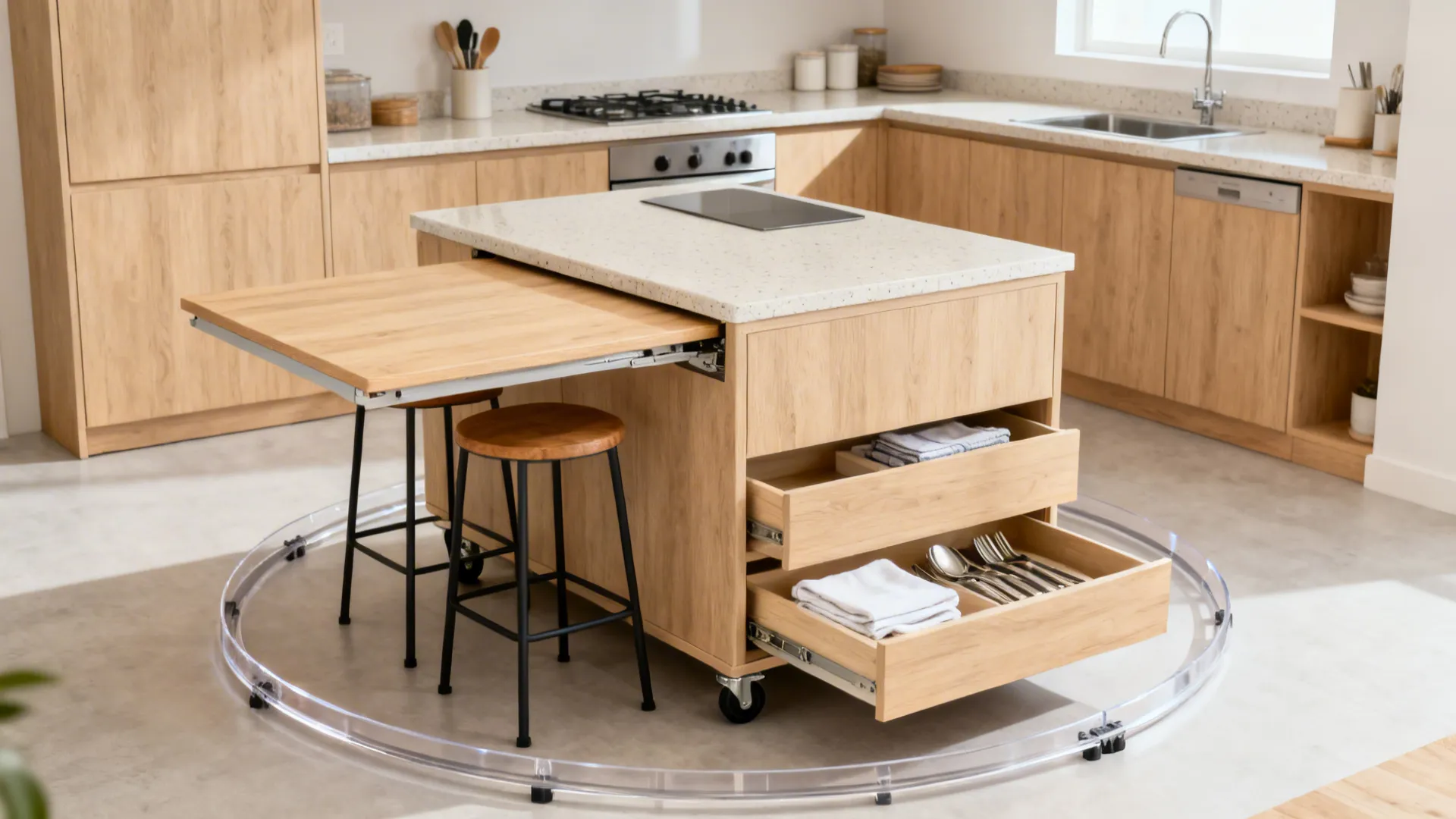 Movable island with locking casters and a drop-leaf, stools tucked below, clear rolling path in a micro kitchen.