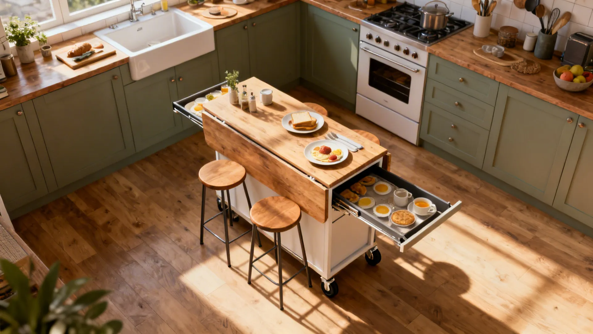 Slim mobile island and fold-down counter providing prep and dining in a small kitchen.