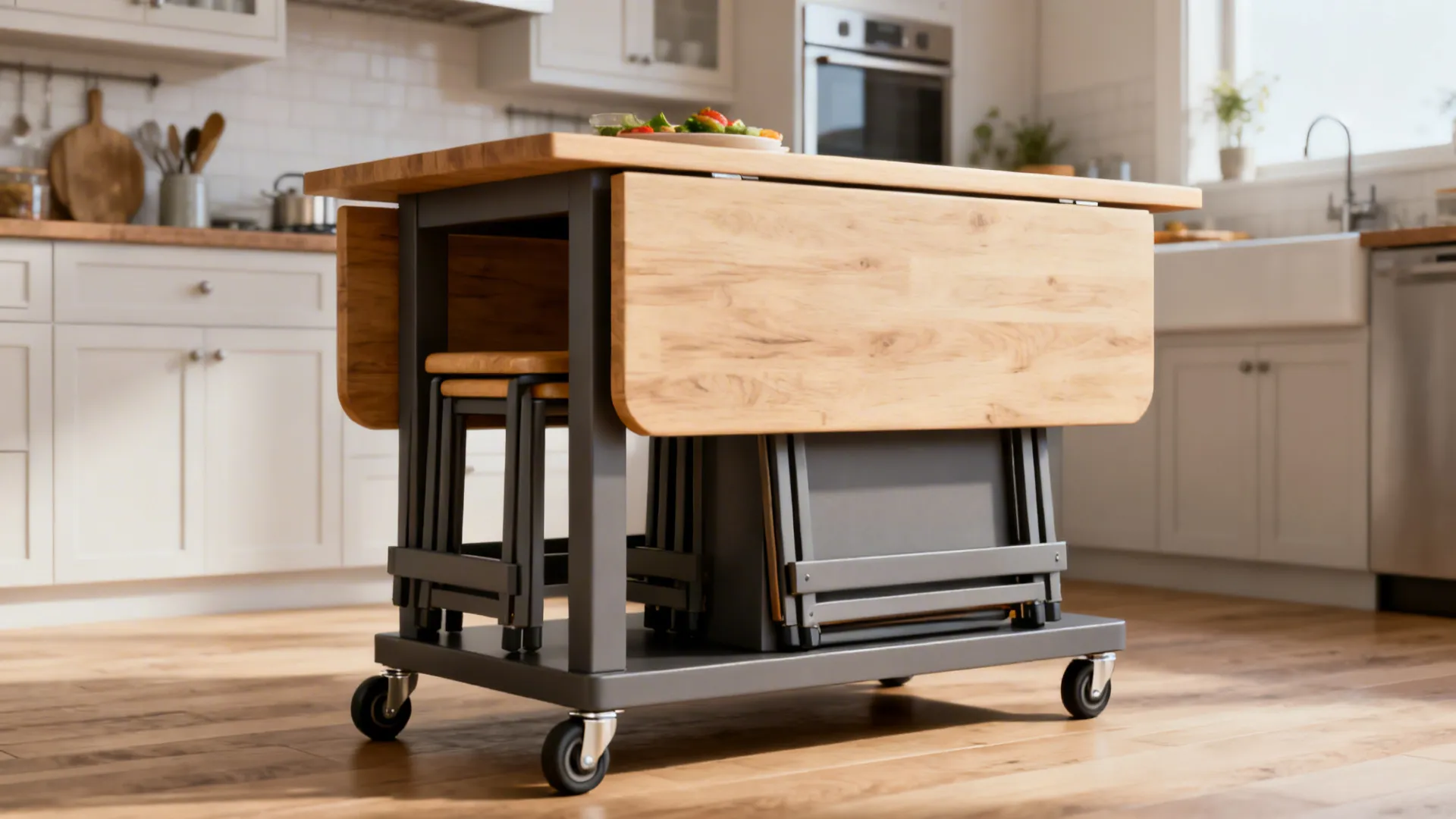 Narrow mobile island in a 10x10 kitchen used for prep and dining, showing flexible furniture.