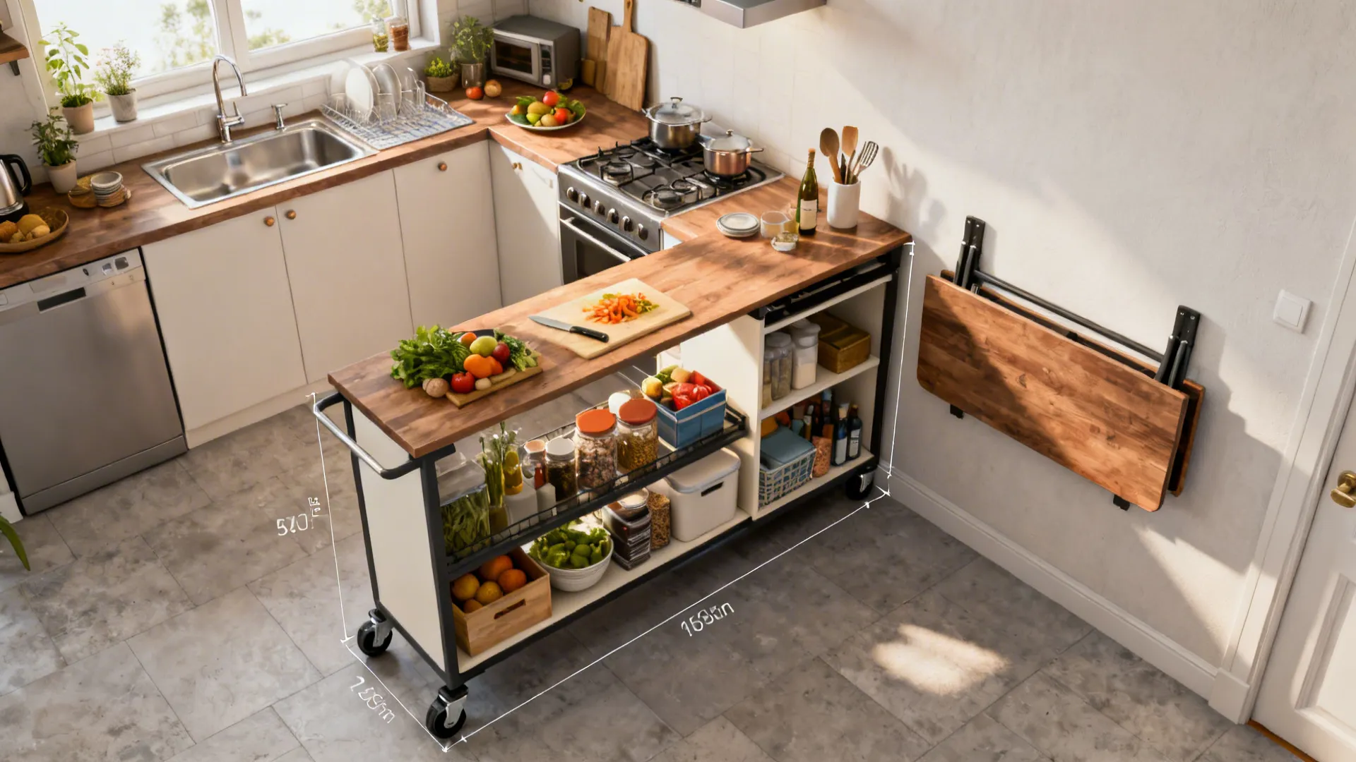 Top-down view of a tiny kitchen with a mobile island and a folded wall table showing clearances.