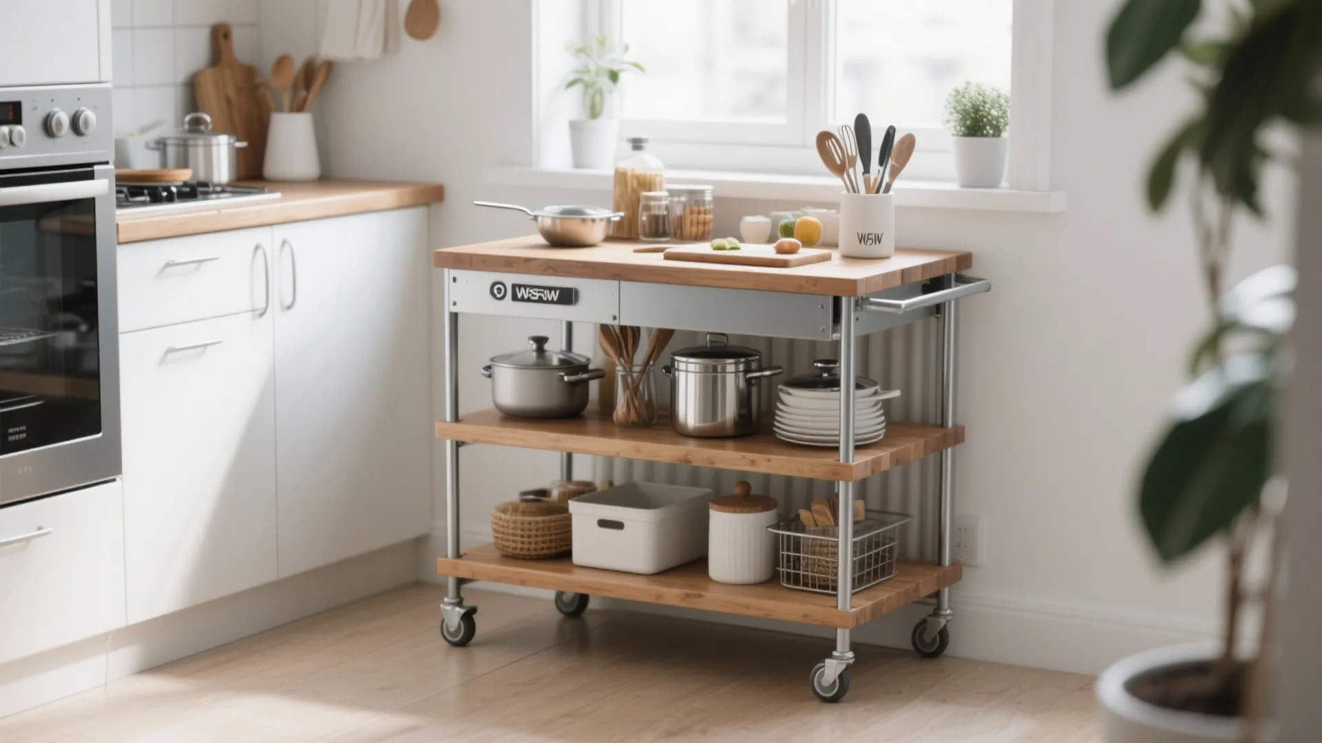 Wooden mobile kitchen cart with shelves holding pots and bowls in a bright white kitchen