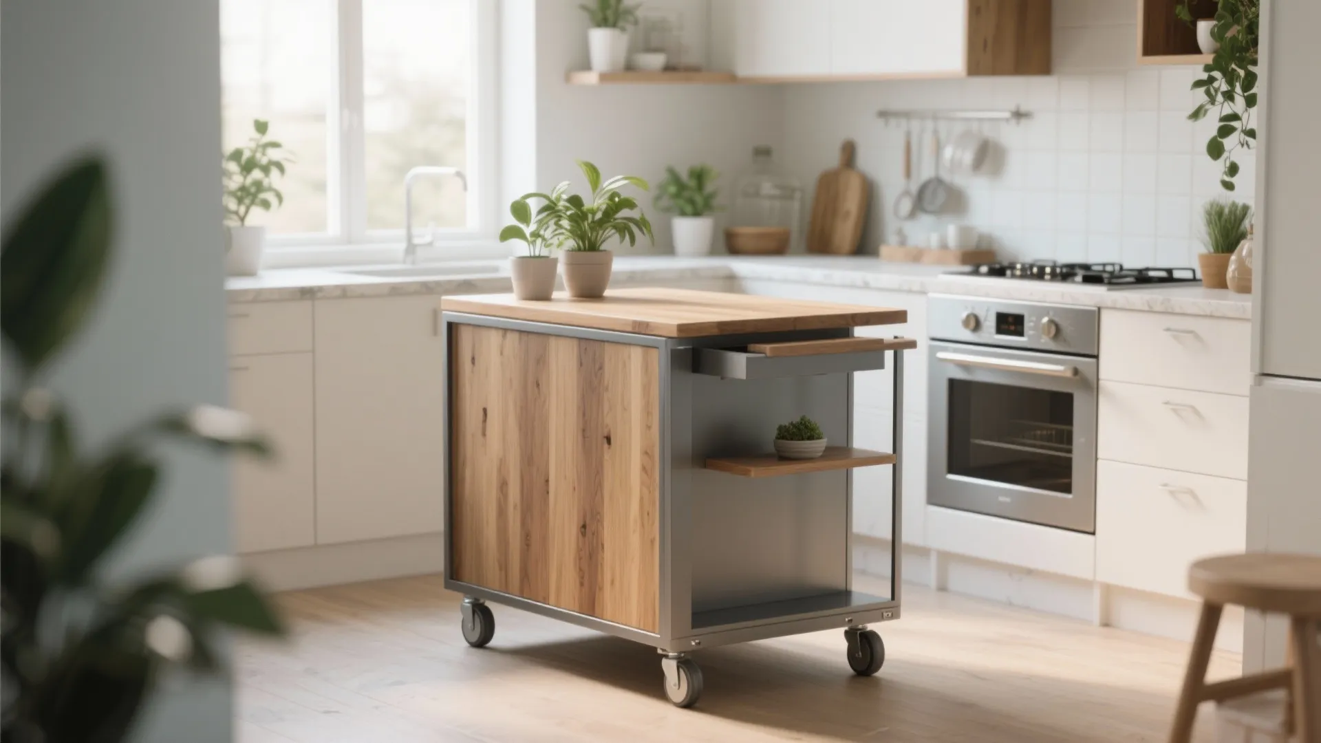 Modern wood kitchen island on wheels with metal frame plus green plants in bright room