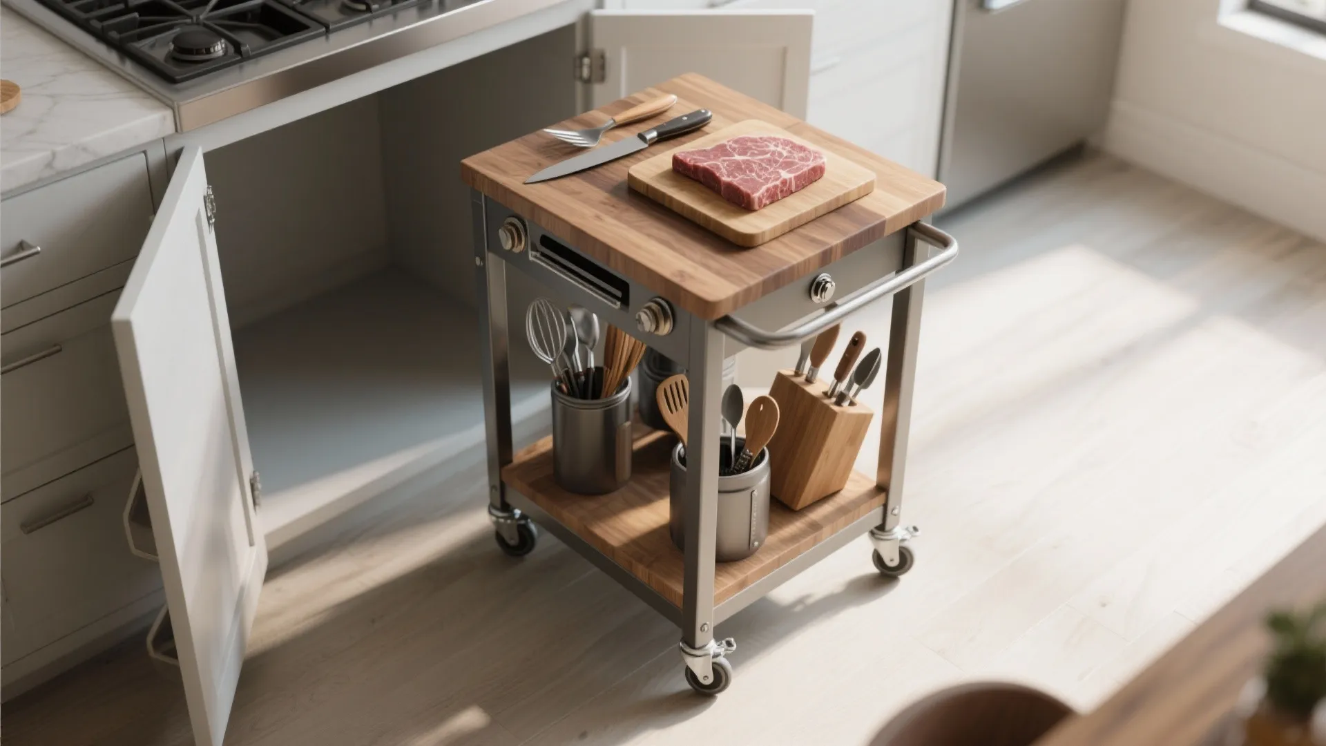 Top-down view of a mobile kitchen cart with butcher-block top and locking casters rolled to create aisle space.
