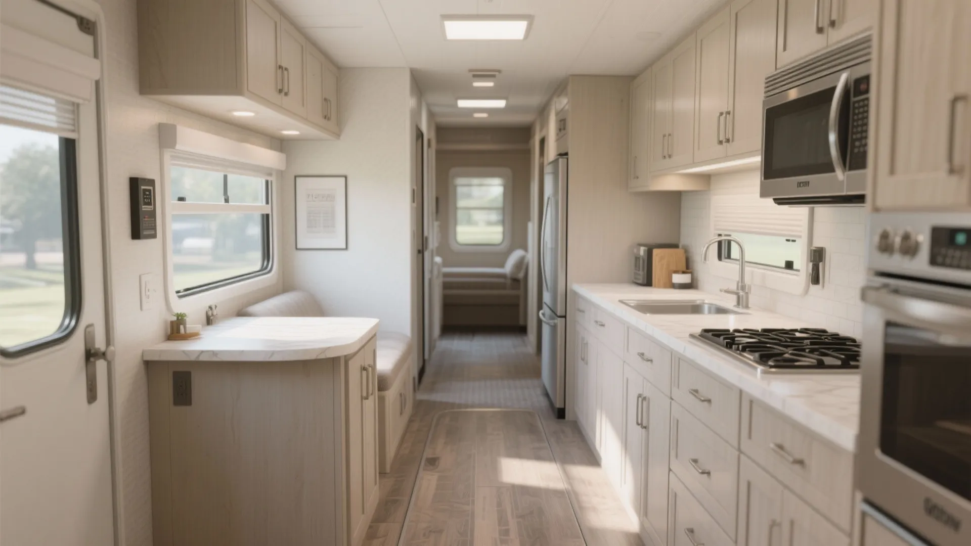Versatile mobile home kitchen showing single-wall and small island options with clear walkway and neutral finishes.