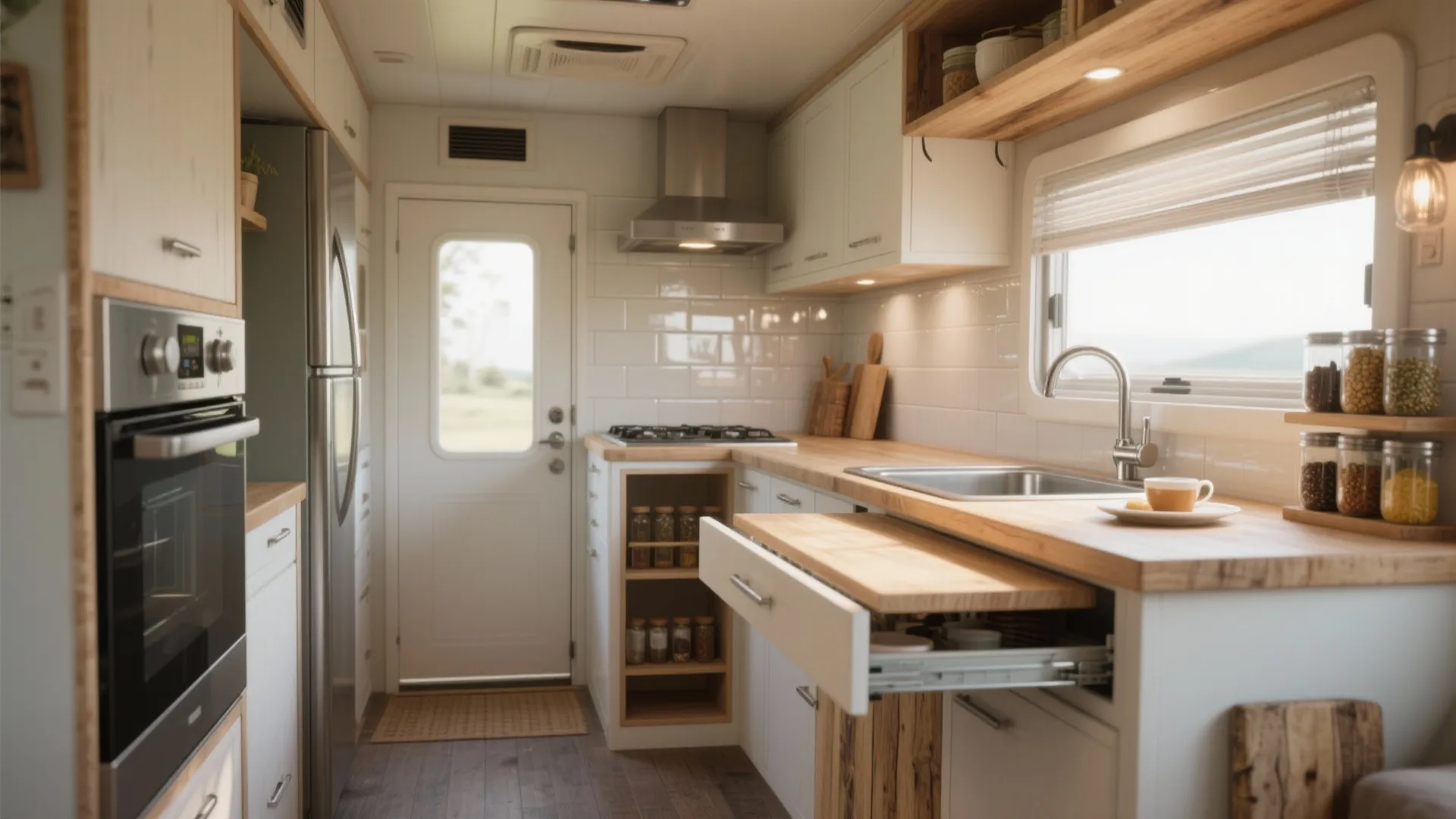 Modern mobile kitchen interior with white cabinets wooden counters pull out table and stainless steel sink