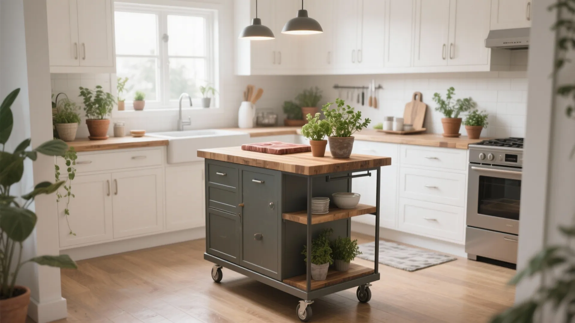 Dark grey kitchen island with wheels wood top and shelves in a white modern kitchen