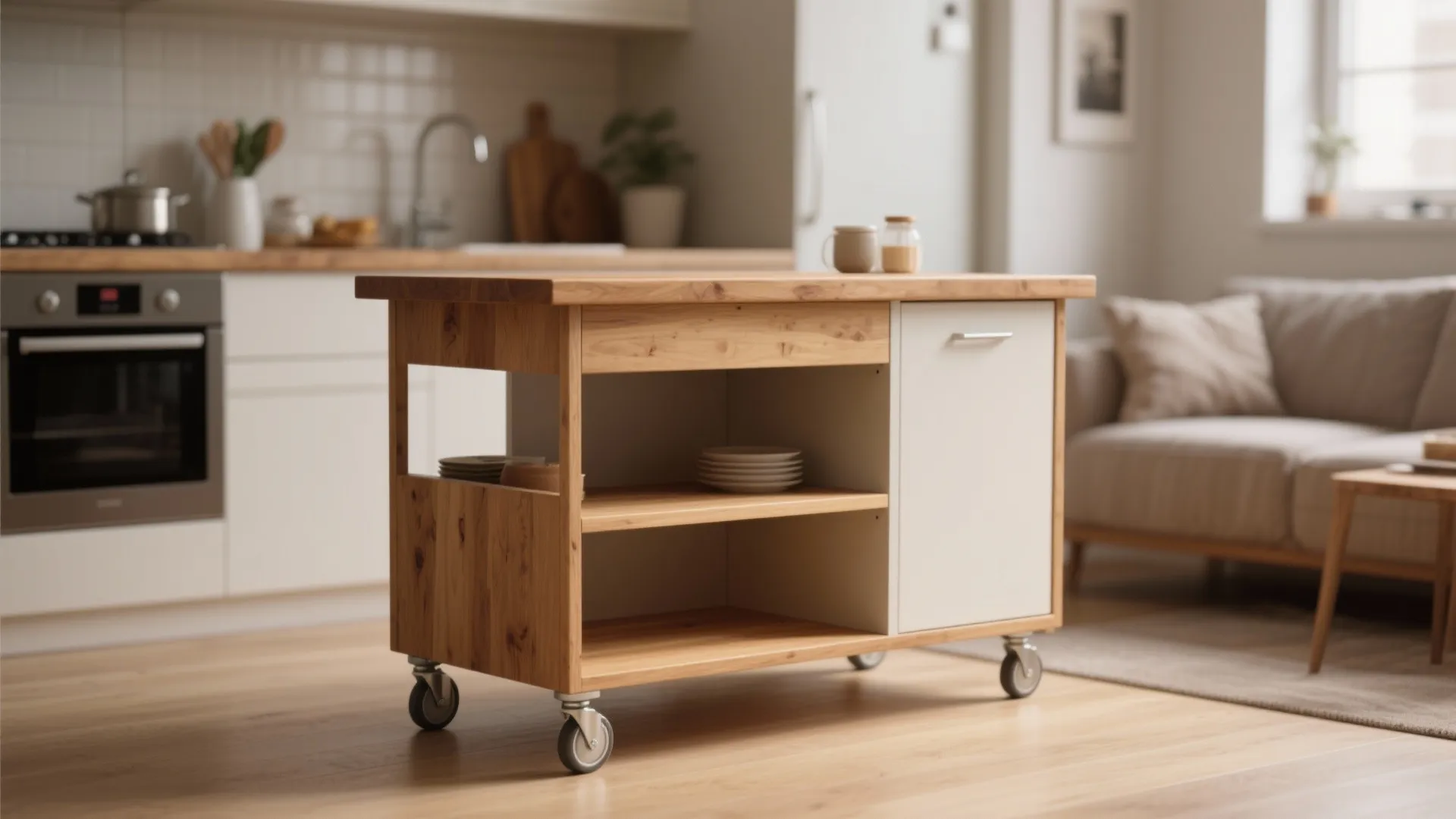 Movable kitchen island with wood top and storage shelves