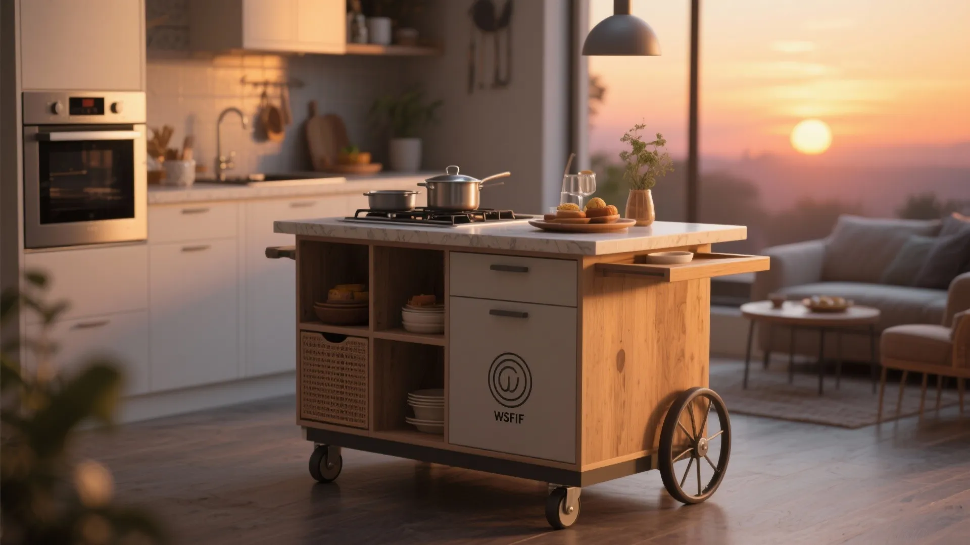 Wooden kitchen island with wheels marble top stove and storage cart in a warm sunset