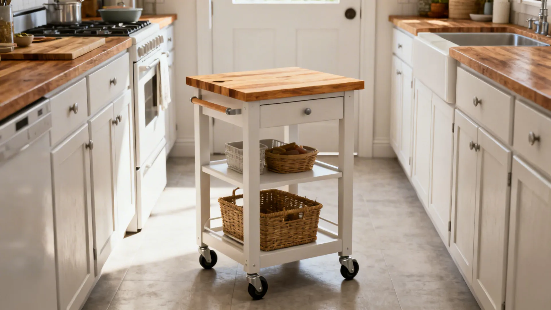 Compact wheeled kitchen island with butcher-block top and open storage, shown in a narrow kitchen