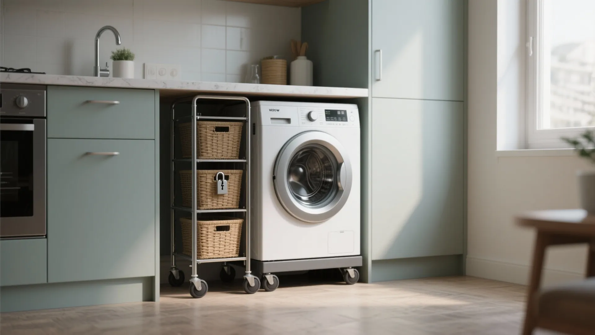White washing machine and rolling storage cart with baskets placed under a kitchen counter top