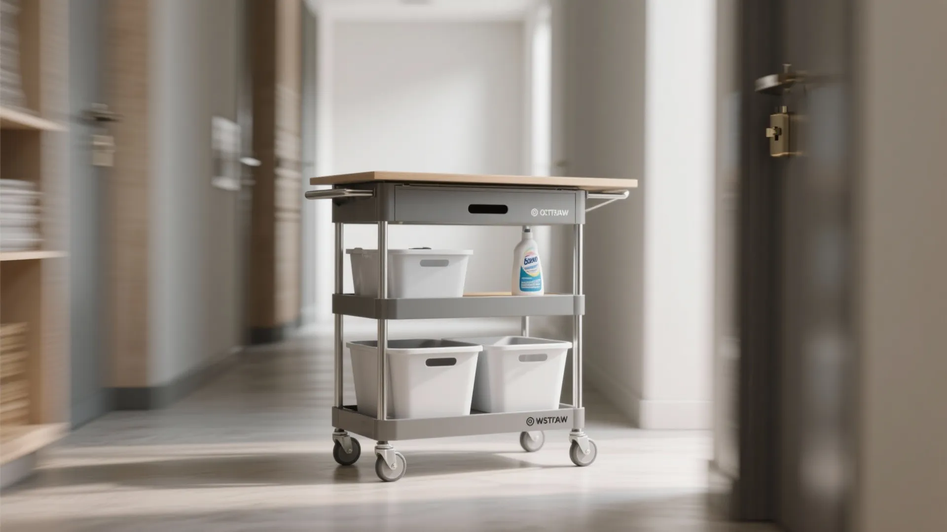 Grey mobile storage cart with three levels wooden top white bins and a laundry detergent