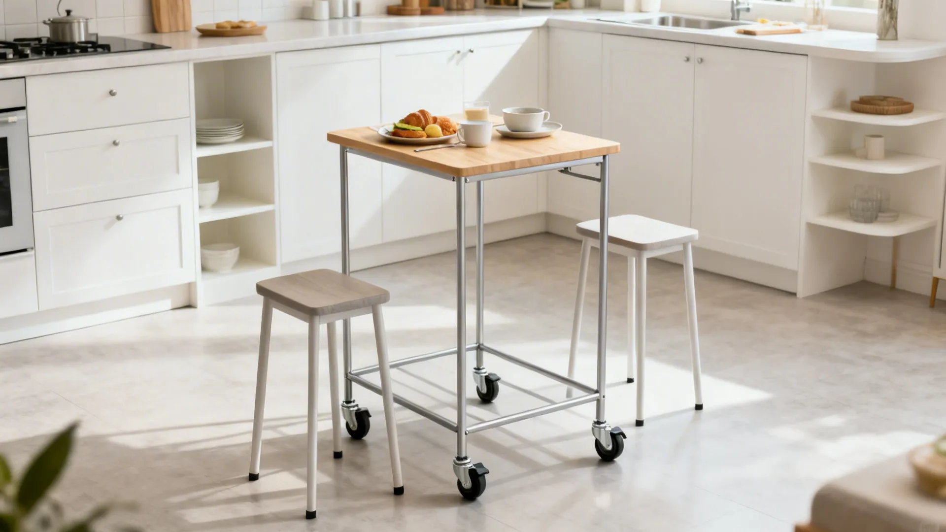 Small apartment kitchen with a rolling micro-island and two slim stools set for brunch.