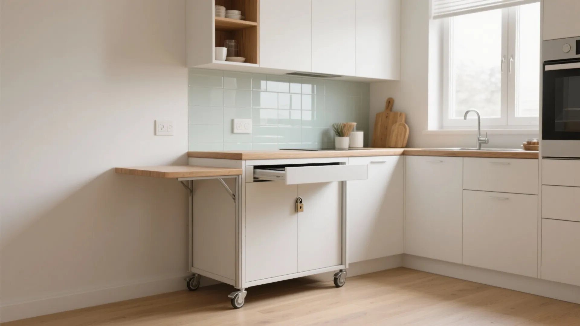 Small kitchen with a slim rolling island and a flip-down wall table providing flexible prep and dining.
