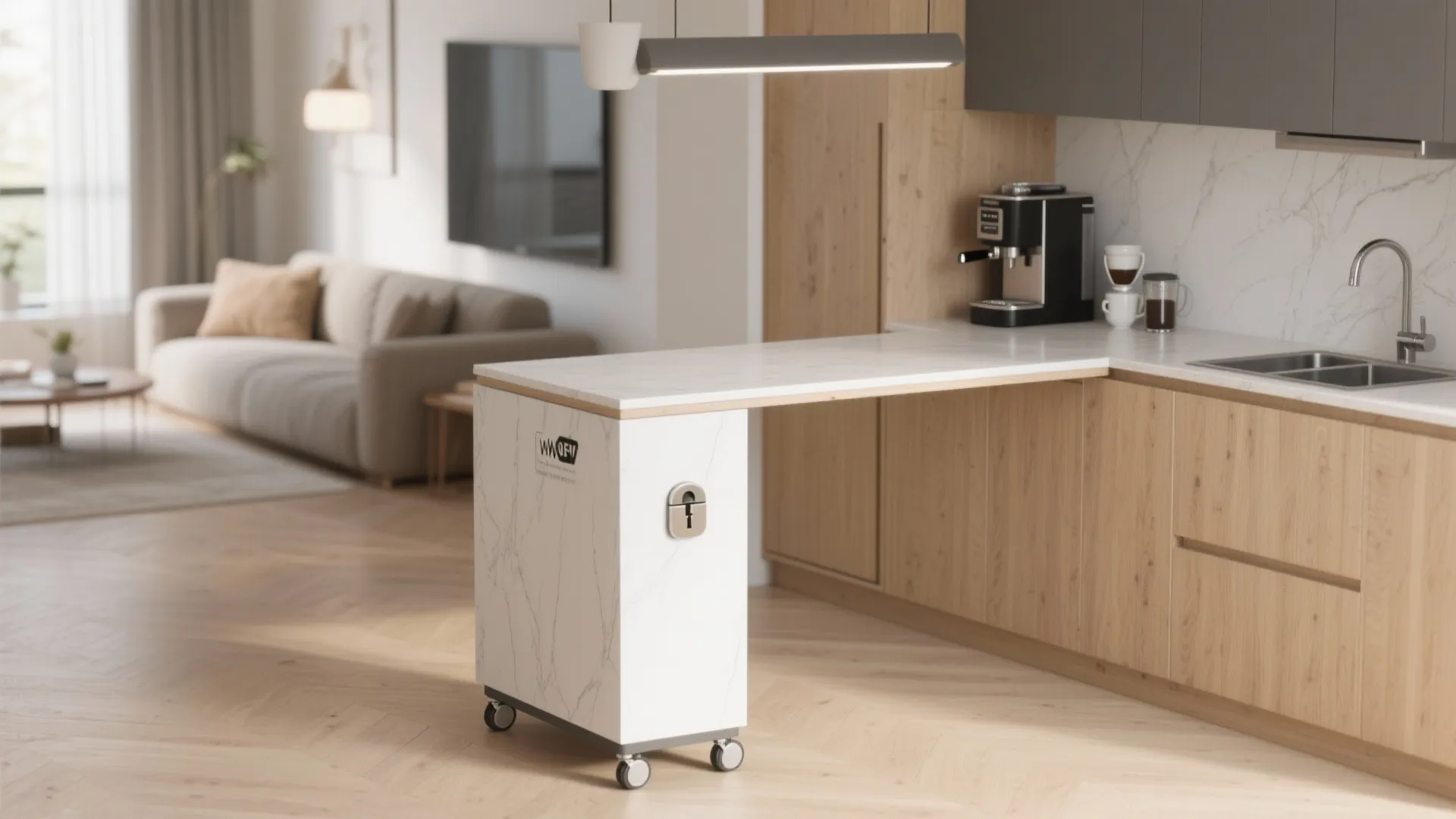 Modern kitchen with a white marble table extension on wheels for extra counter space use