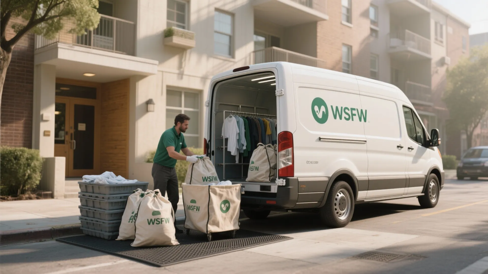 Service worker loading laundry bags into a white delivery van parked on a city street