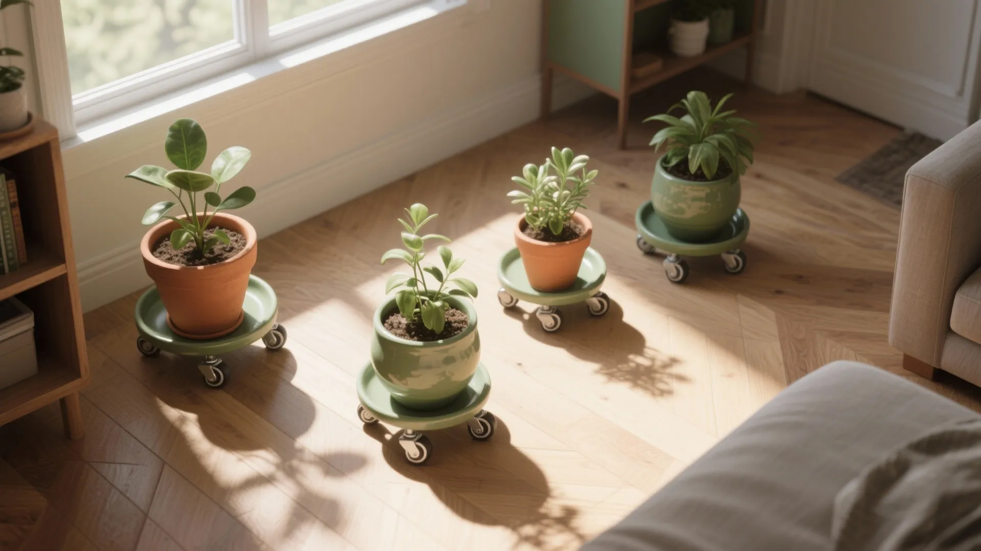 Top-down view of mobile plant containers on rolling saucers moved toward a sunny window patch.