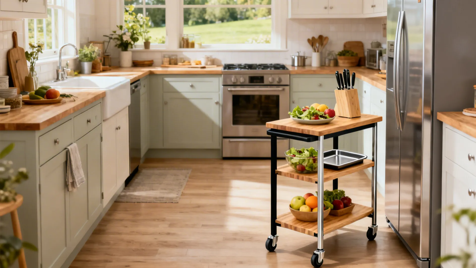 Light green kitchen with wooden countertops and small rolling cart holding fresh salad and fruit