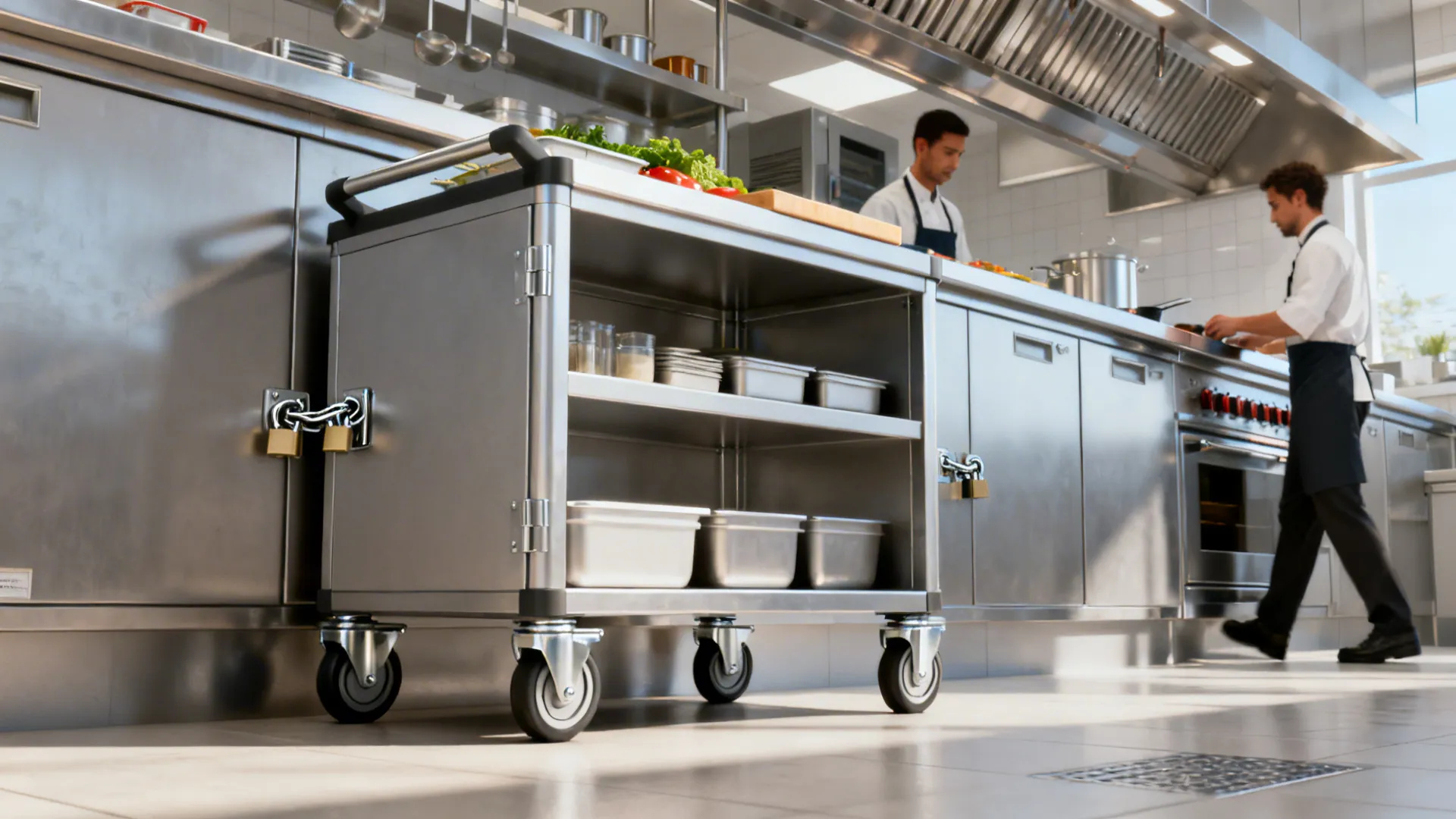Locked mobile prep cart on casters integrated into a small kitchen cook line.