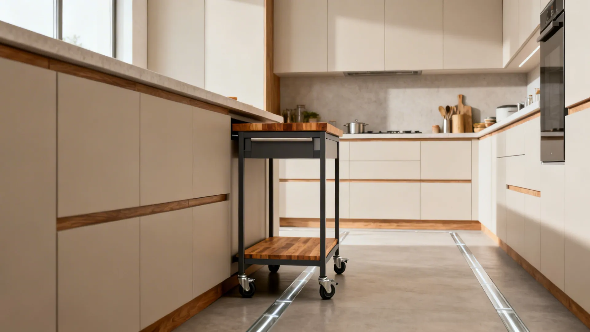 Narrow galley with a slim mobile prep cart adding counter space without blocking the aisle.