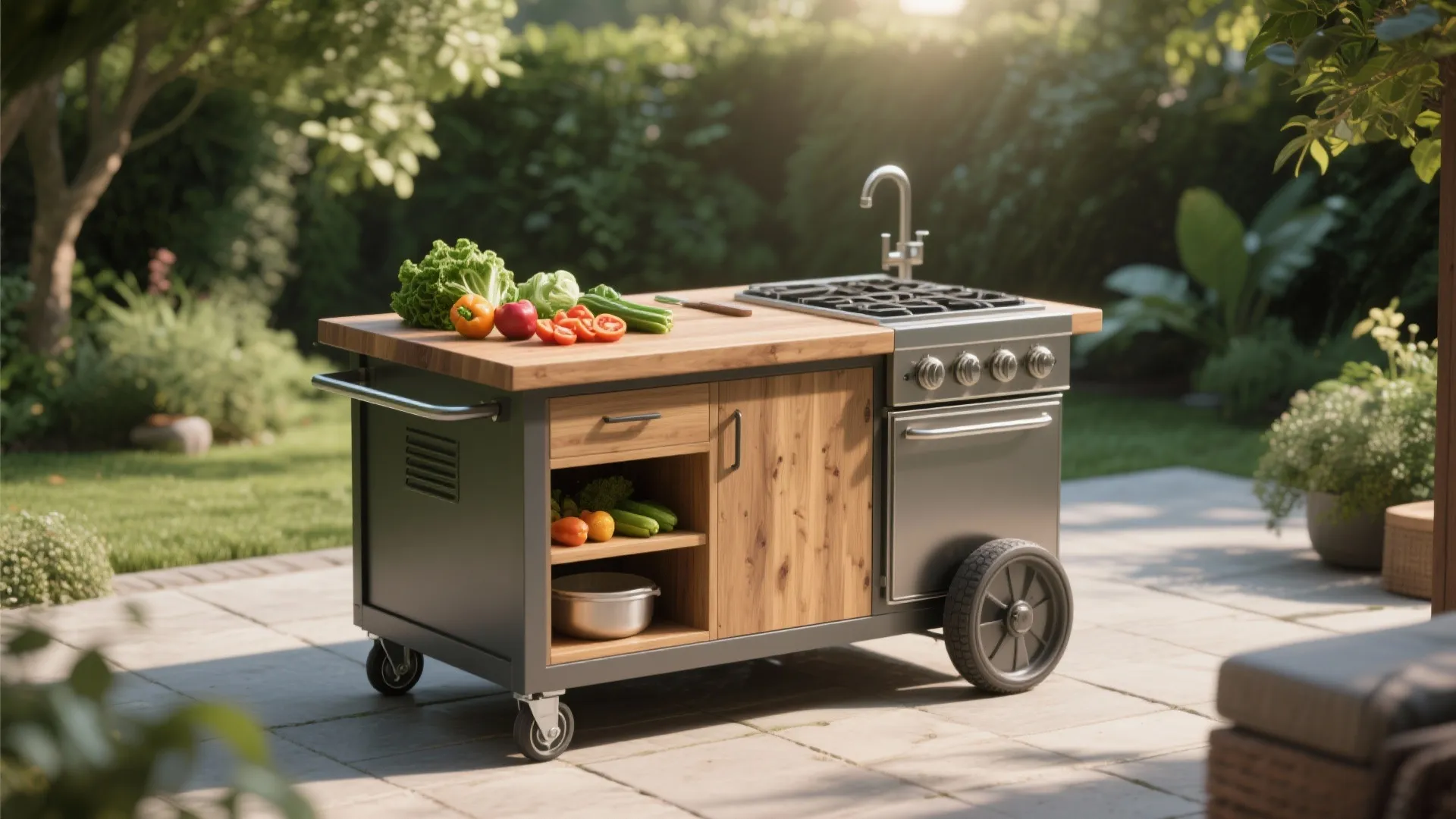 Portable prep island on wheels in an outdoor kitchen