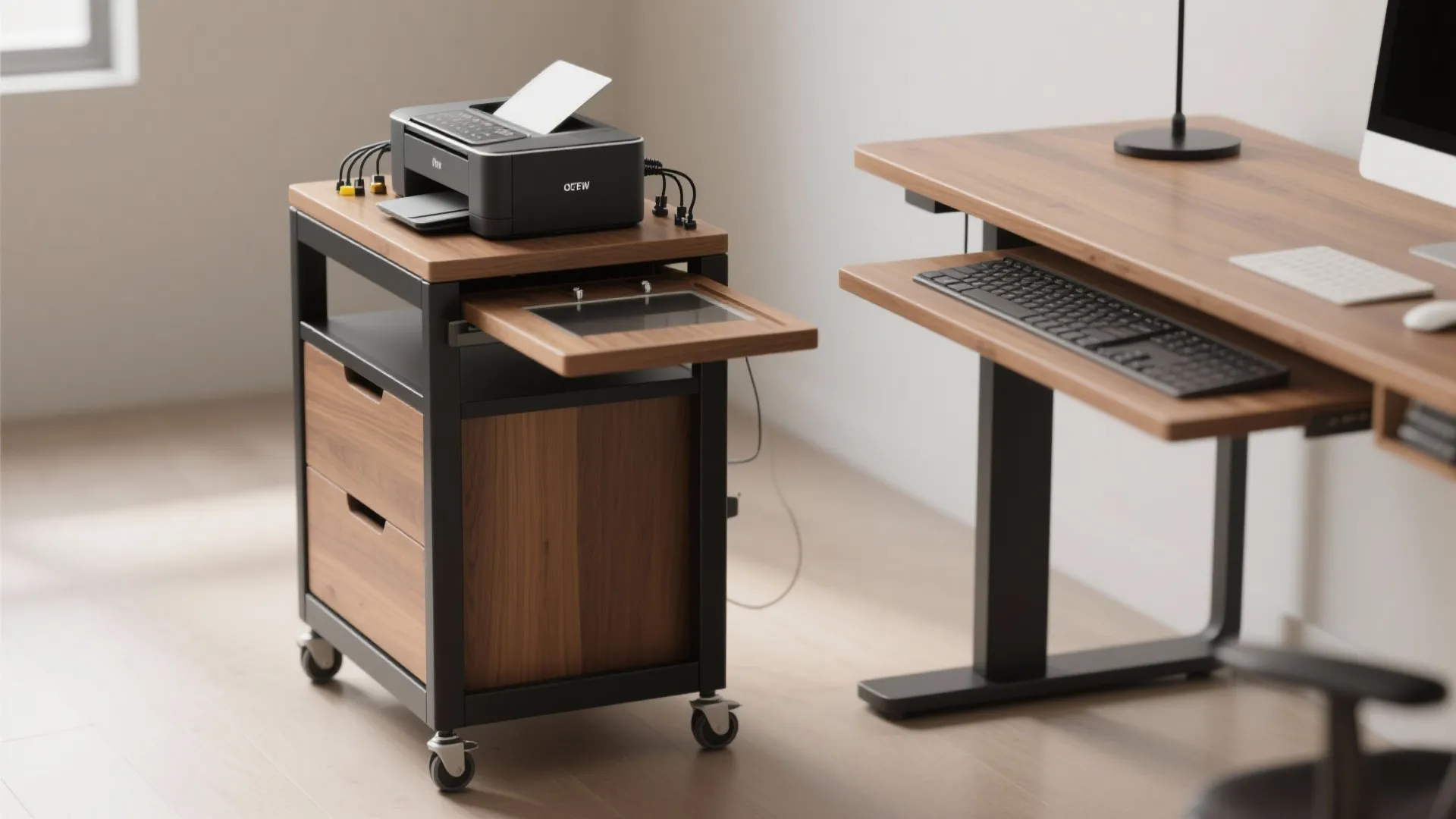 Slim mobile printer cart with pull-out keyboard tray and neat cord management next to a desk.
