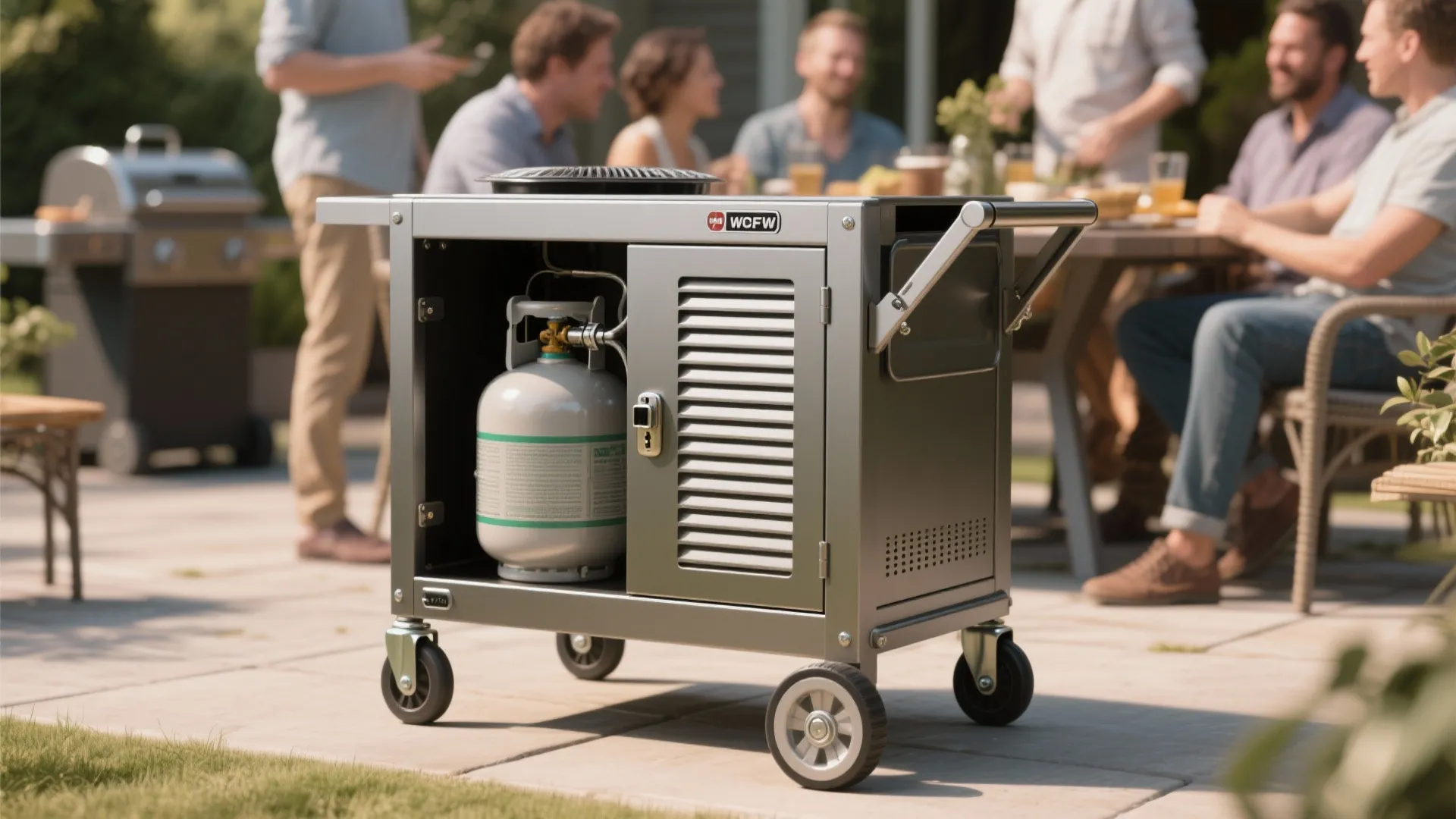 Outdoor grey metal grill cart with gas tank inside and people gathered in the background