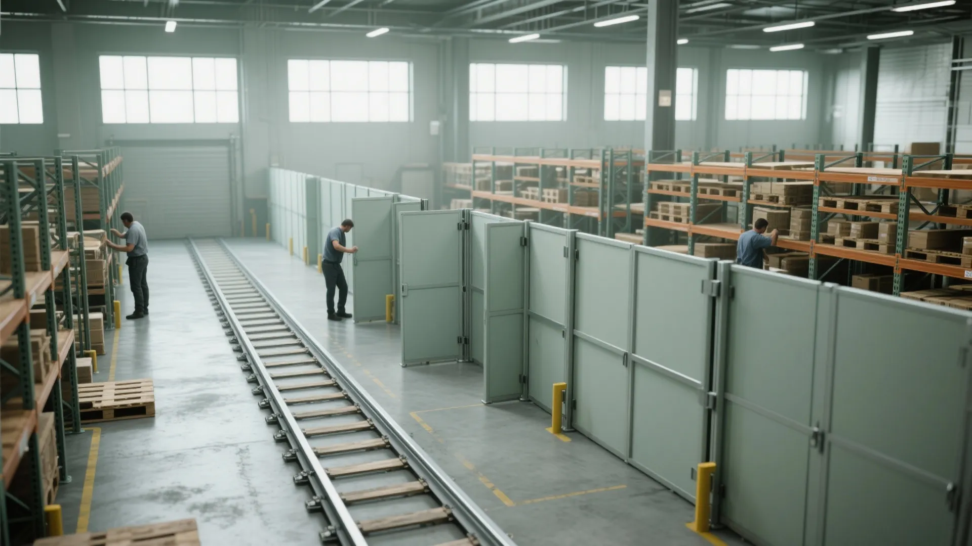 Large warehouse with storage shelves metal tracks on floor and workers organizing green partition walls