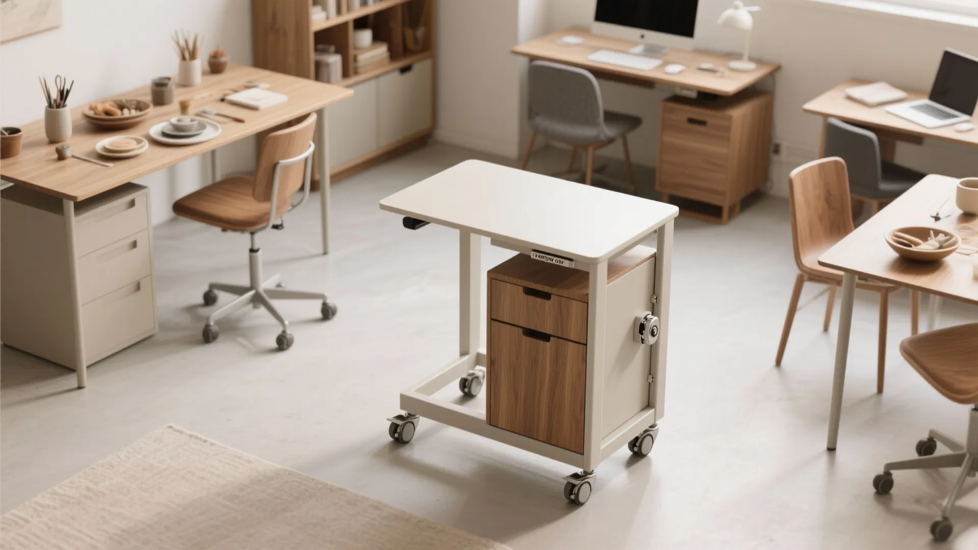 Top-down photorealistic view of a mobile rolling desk showing multiple placements and caster detail.